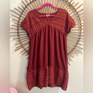 Women's Sundance Eyelet Swiss Dor Tunic Dress Rust Size Large Boho Loose Flowy